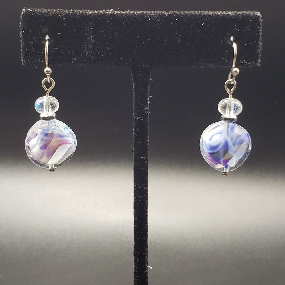 Art Glass Swirl Bead Earrings Blue White Silver HANDCRAFTED~Costume~Dangle Drop